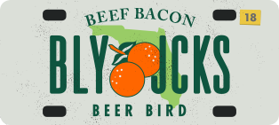Drawing of Florida License Plate with words Beef Bacon BLY-JCKS Beer Bird