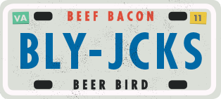 Drawing of Virginia License Plate with words Beef Bacon BLY-JCKS Beer Bird