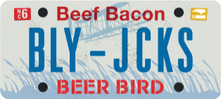 Drawing of North Carolina License Plate with words Beef Bacon BLY-JCKS Beer Bird